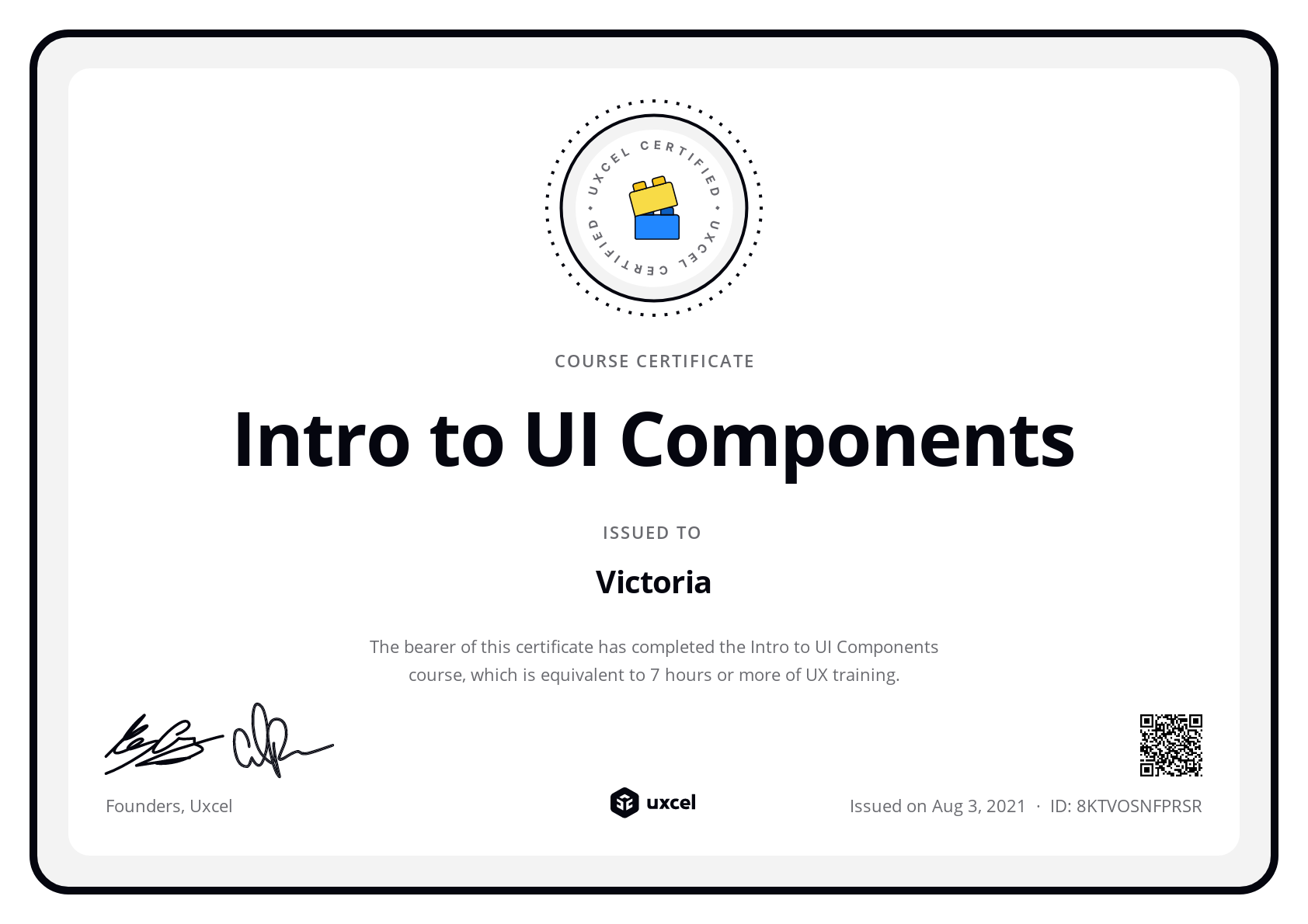 Victoria Alomoto's certificate